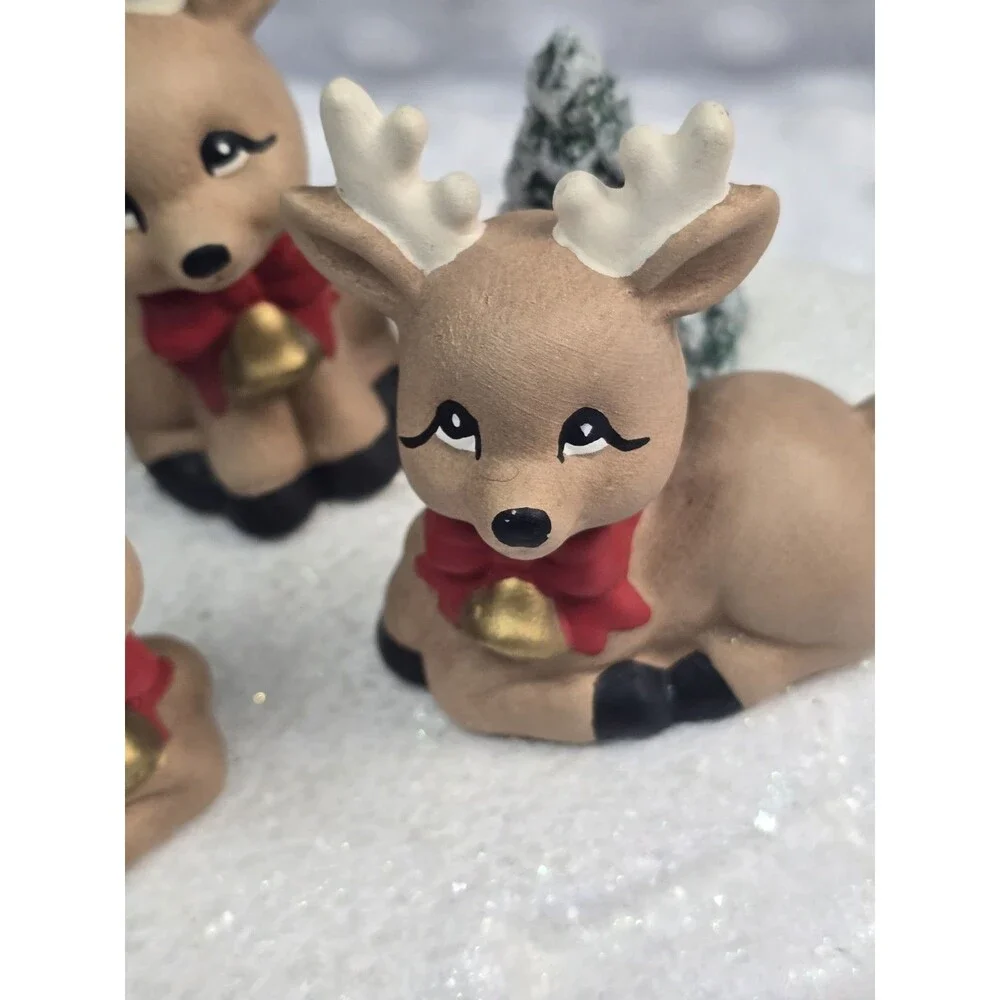 Vintage Christmas Reindeer Ceramic Mold Figurine Hand Painted 1980s Snowy Trees